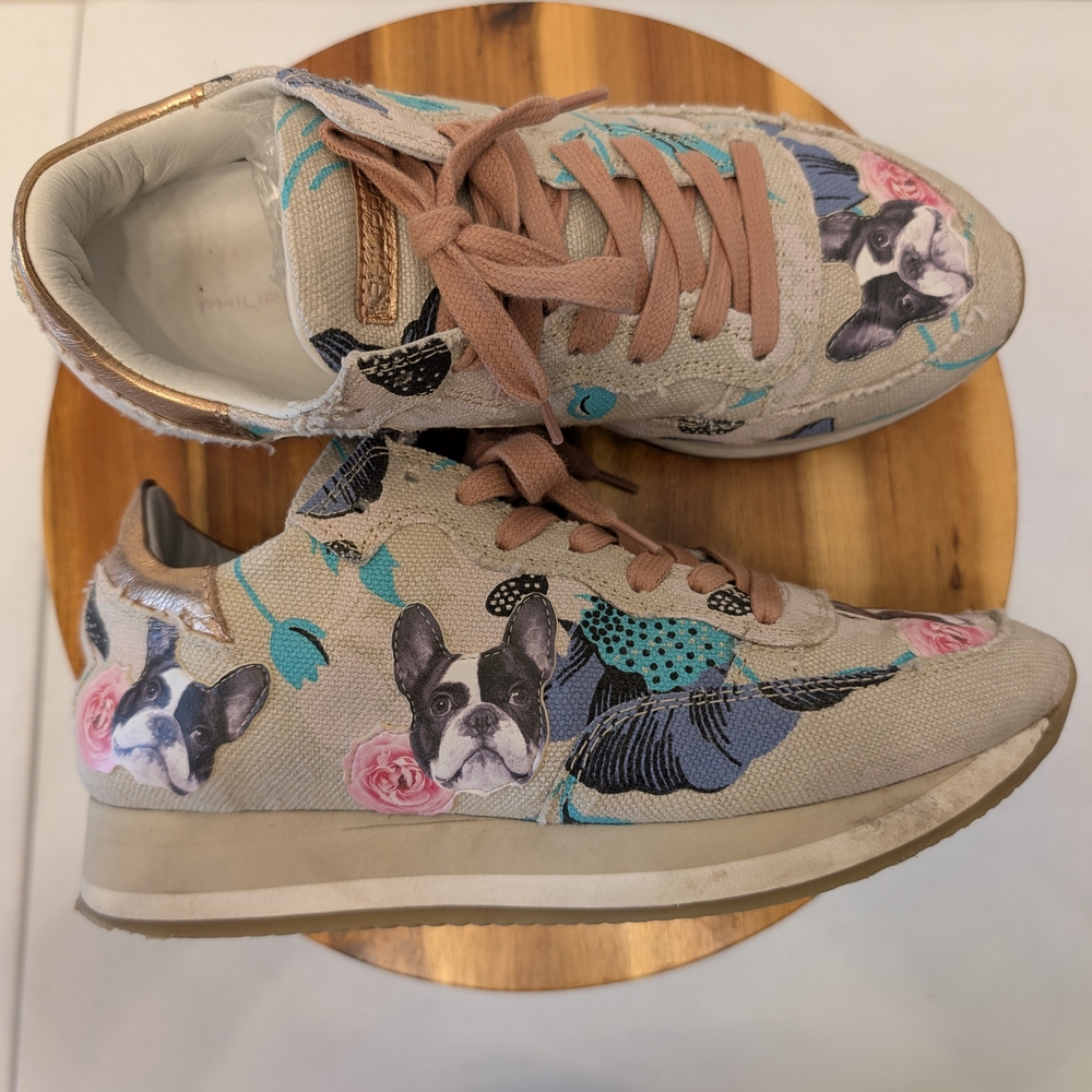 Philippe Model Tropez French Bulldog Floral Canvas Sneakers Rose Gold 37